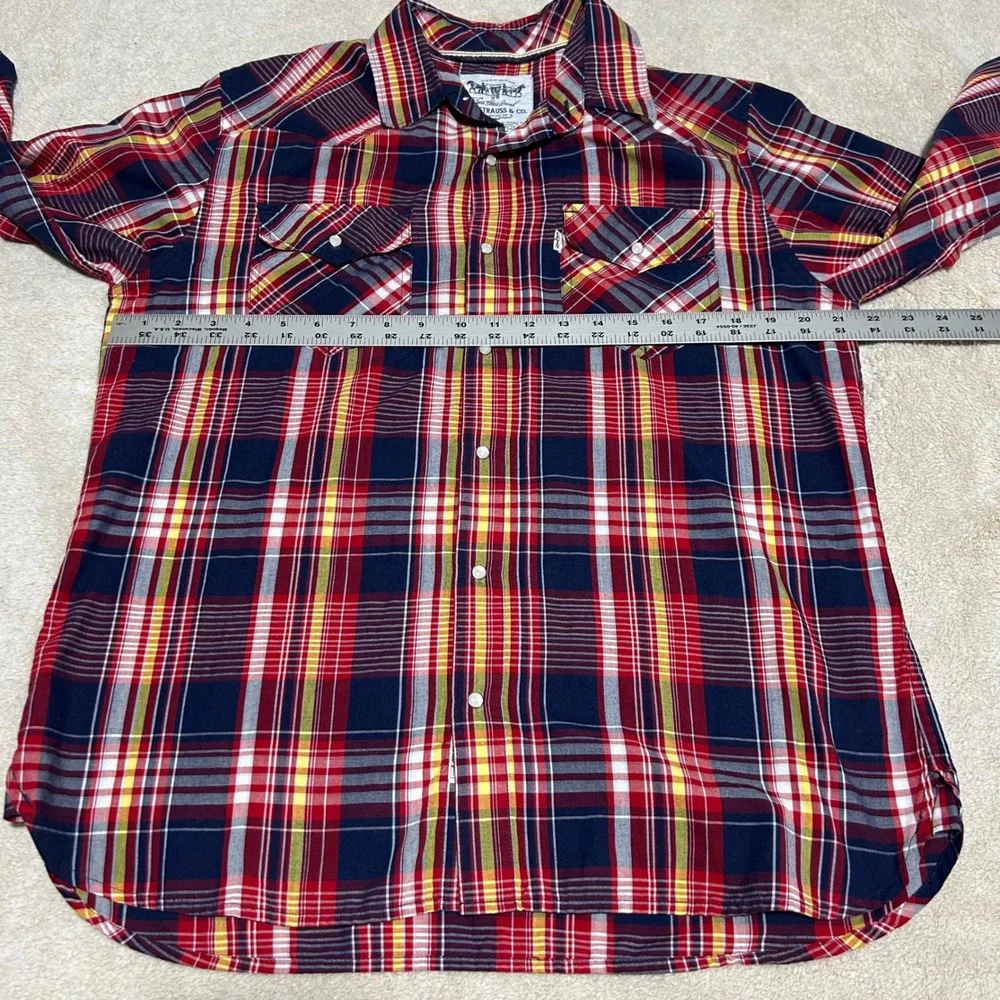 Levi Strauss Western Shirt Mens Medium Red Navy Plaid Pearl Snap Cowboy Rodeo